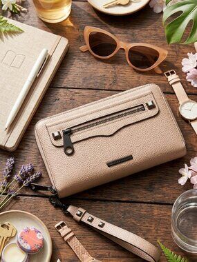 REBECCA MINKOFF Taupe Pebbled Leather Zip Around Wristlet Wallet Black Hardware